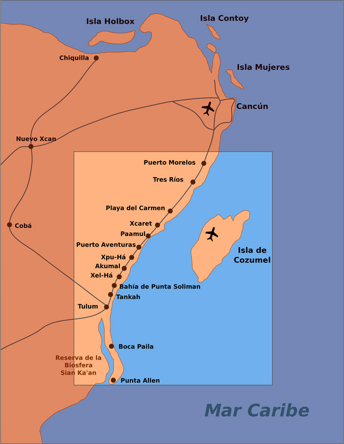 Mapa de la Riviera Maya en el caribe de México