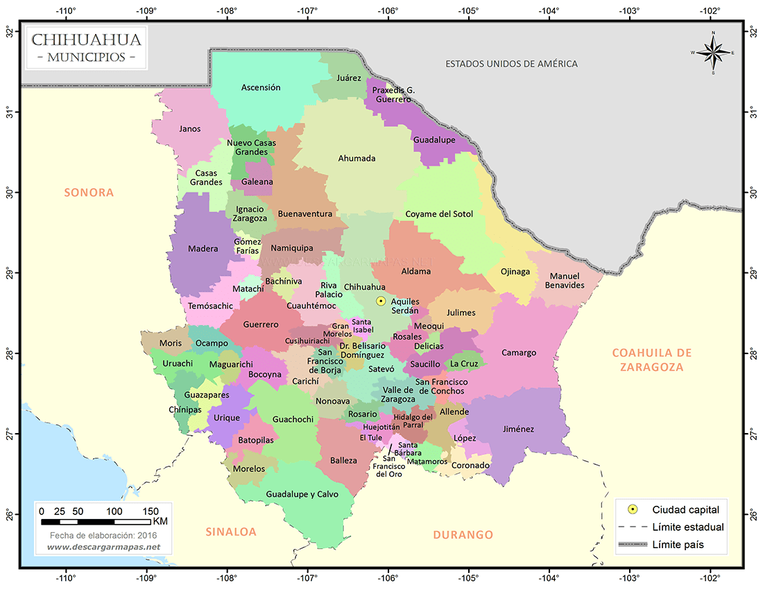 Mapa del estado de Chihuahua con ciudades y pueblos