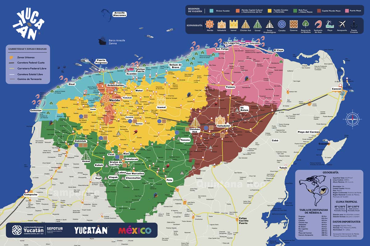 Mapa del Estado de Yucatán y la península al sur de México