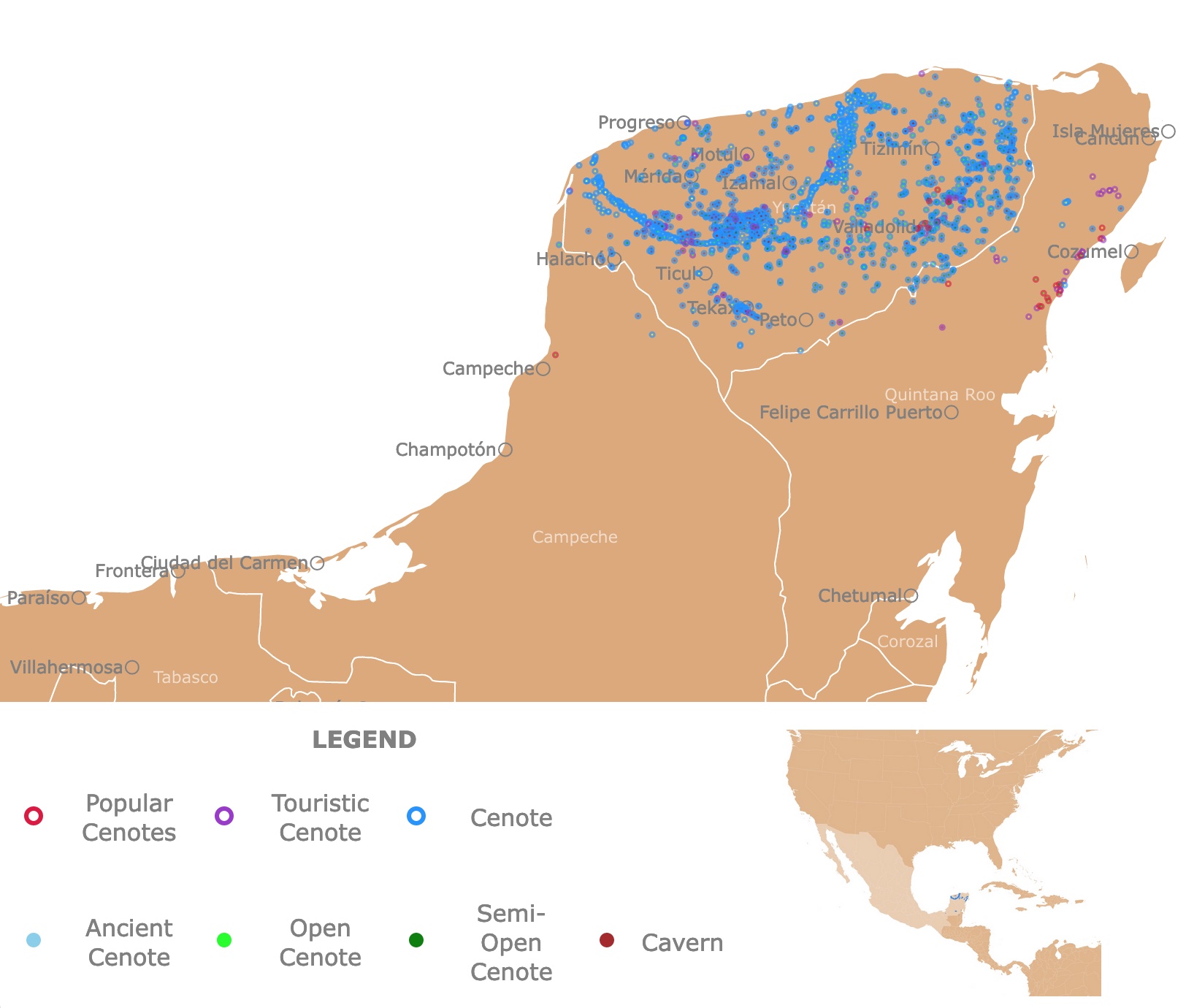 Mapa de los cenote de México